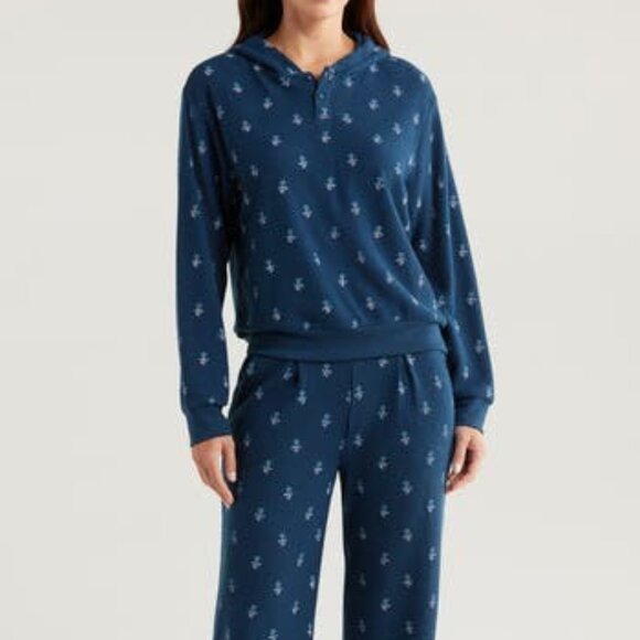 PJ Salvage Floral Hooded Thermal Waffle Pajamas 2 PC Set Top & Pants Navy Blue - Picture 1 of 7